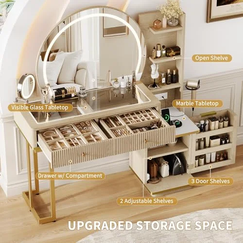 Makeup Vanity Desk with Round Mirror and Lights view 8
