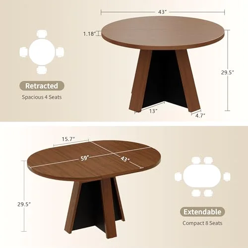 43.3in-59in Extendable Round Dining Table for 4-6 view 2