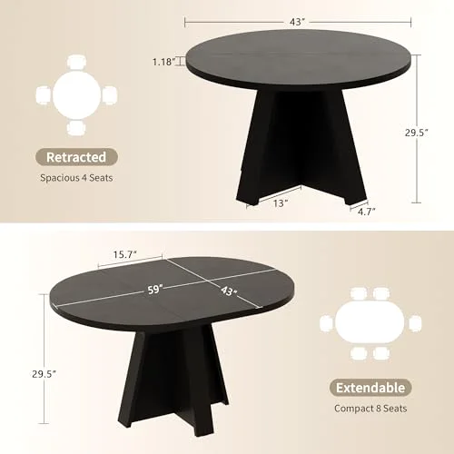 43.3in-59in Extendable Round Dining Table for 4-6 view 7