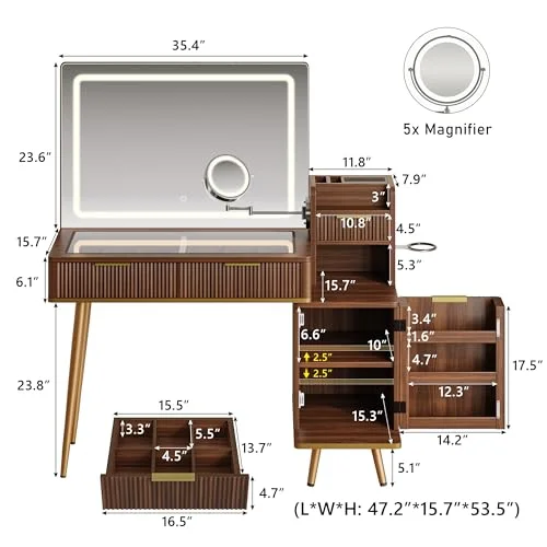 Makeup Vanity Desk with HD & 5X Magnifying Mirror and Lights view 2