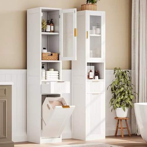 67" Tall Bathroom Storage Cabinet with Reeded Glass Door