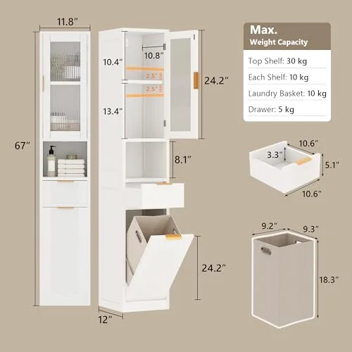 67" Tall Bathroom Storage Cabinet with Reeded Glass Door view 2