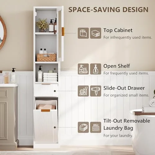 67" Tall Bathroom Storage Cabinet with Reeded Glass Door view 3