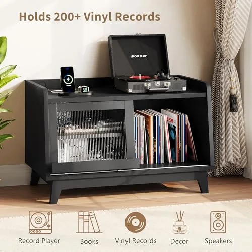 Record Player Stand with Vinyl Storage Up to 200 Albums view 3
