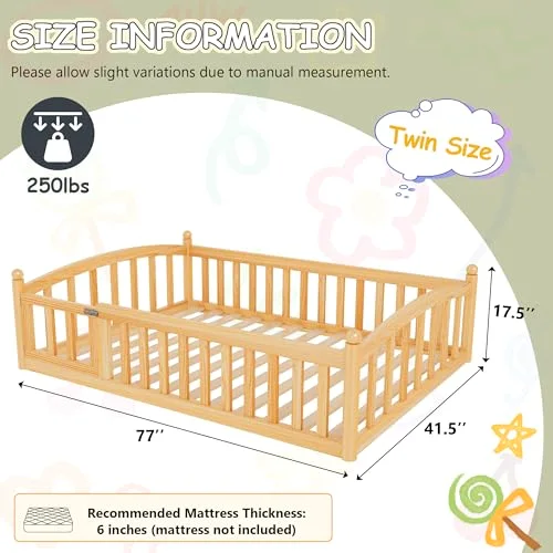 Twin Floor Bed with High Rails view 2