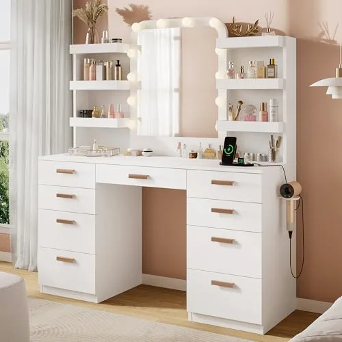 Makeup Vanity Desk with Lighted Mirror & Power Outlet