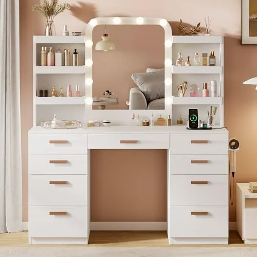 Makeup Vanity Desk with Lighted Mirror & Power Outlet view 5
