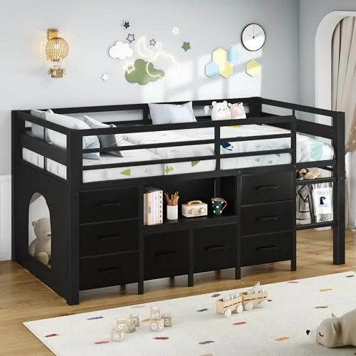 Low Loft Bed Twin Size with Bookcase