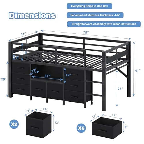Low Loft Bed Twin Size with Bookcase view 2