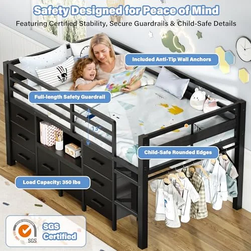 Low Loft Bed Twin Size with Bookcase view 3