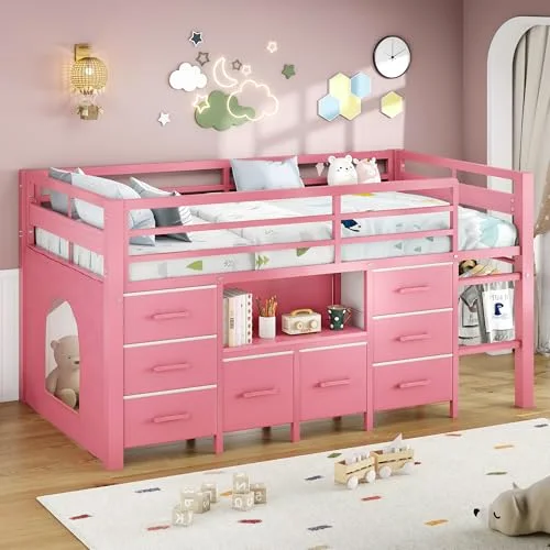 Low Loft Bed Twin Size with Bookcase view 6