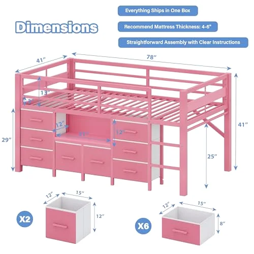 Low Loft Bed Twin Size with Bookcase view 7