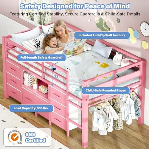 Low Loft Bed Twin Size with Bookcase view 8