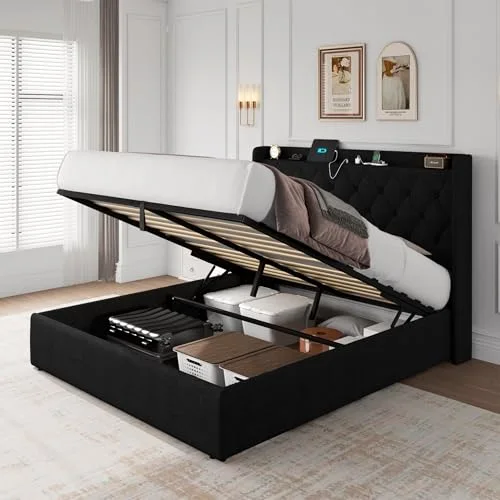 Queen Lift Up Storage Bed Frame with Charging Station view 6