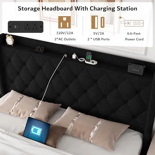 Queen Lift Up Storage Bed Frame with Charging Station view 8