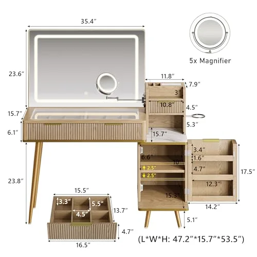Makeup Vanity Desk with HD & 5X Mirror and Lights view 2