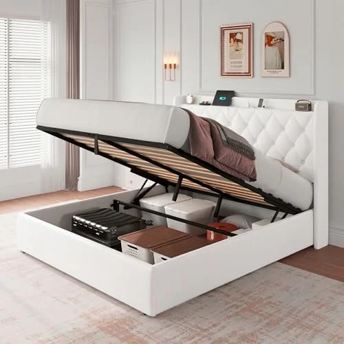 Queen Lift Up Storage Bed Frame with Charging Station