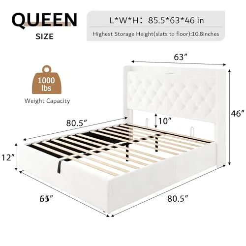 Queen Lift Up Storage Bed Frame with Charging Station view 2