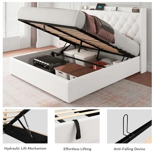 Queen Lift Up Storage Bed Frame with Charging Station view 5