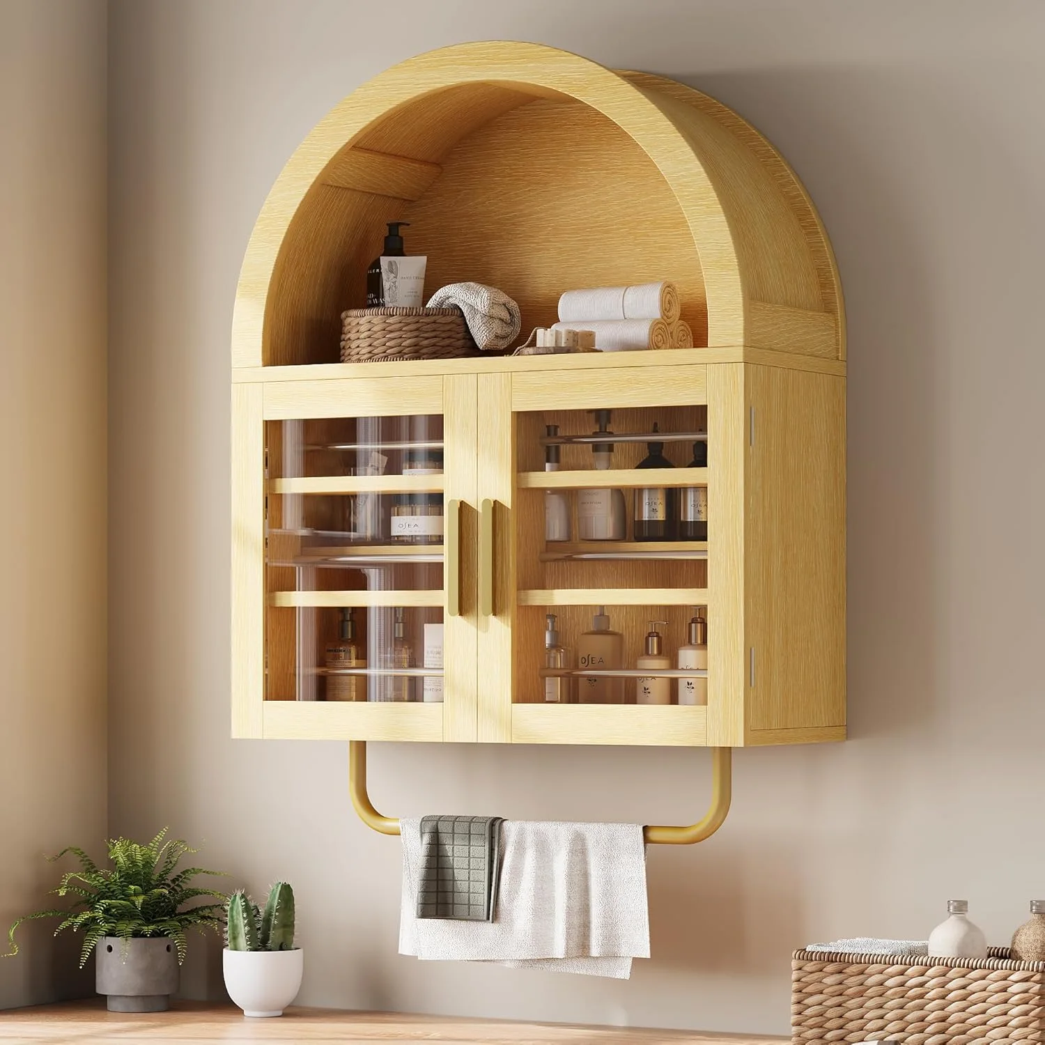 Bathroom Arched Wall Cabinet with Glass Doors