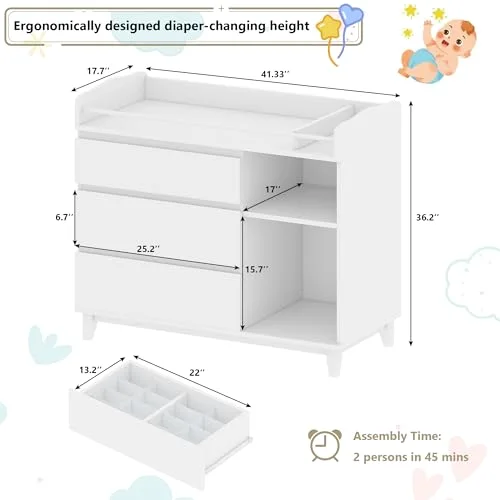 Baby Changing Table with 4 Drawers & 2 Open Shelves view 2