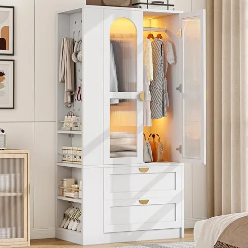 Armoire Wardrobe Closet with LED Lights & 2 Drawers