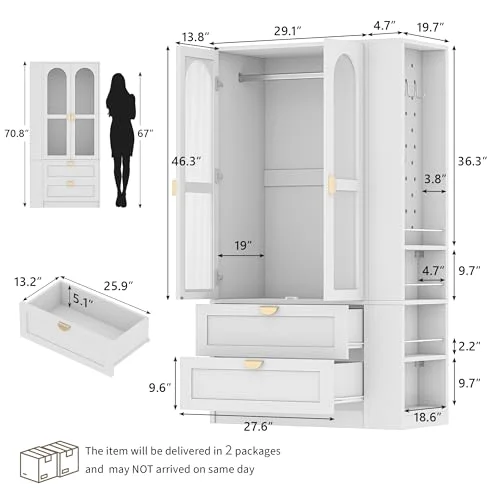 Armoire Wardrobe Closet with LED Lights & 2 Drawers view 2