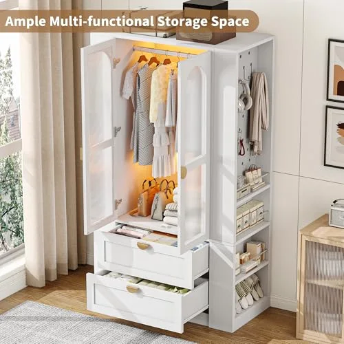 Armoire Wardrobe Closet with LED Lights & 2 Drawers view 3