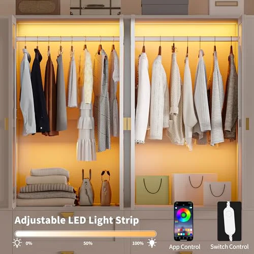 Armoire Wardrobe Closet with LED Lights & 2 Drawers view 4