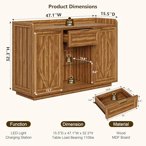 47" Buffet Cabinet with LED Lights & Charging Station view 7