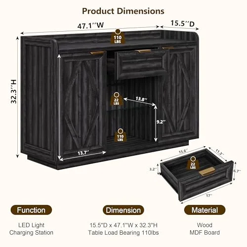47" Buffet Cabinet with LED Lights & Charging Station view 2