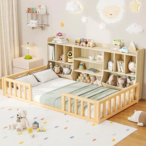 Twin Montessori Floor Bed for Kids with Bookcase view 6
