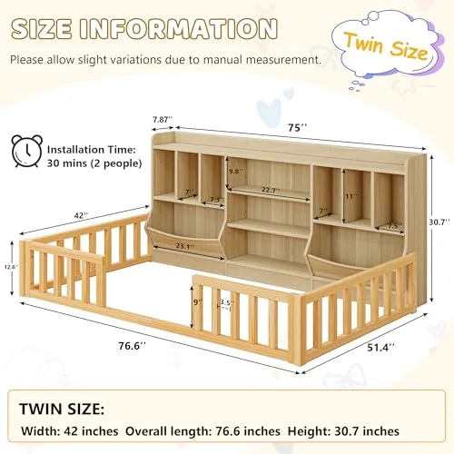 Twin Montessori Floor Bed for Kids with Bookcase view 7