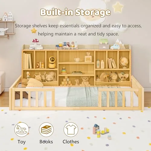 Twin Montessori Floor Bed for Kids with Bookcase view 8