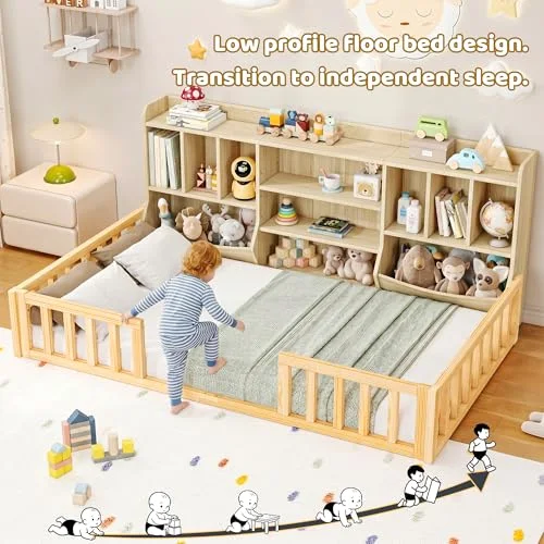 Twin Montessori Floor Bed for Kids with Bookcase view 10