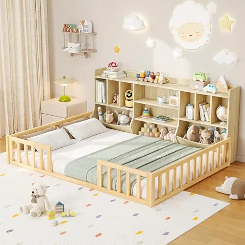 Full Size Floor Bed with Bookcase and Storage Shelves