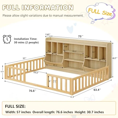 Full Size Floor Bed with Bookcase and Storage Shelves view 2