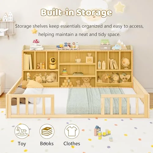 Full Size Floor Bed with Bookcase and Storage Shelves view 3