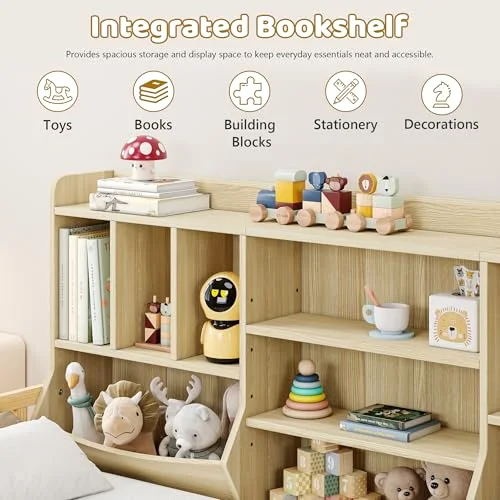 Full Size Floor Bed with Bookcase and Storage Shelves view 4