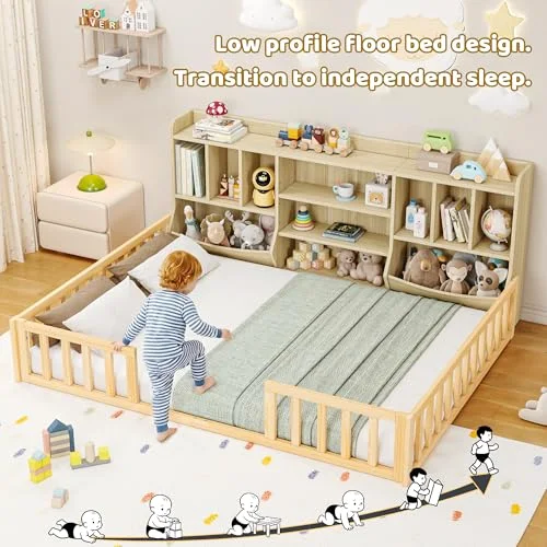 Full Size Floor Bed with Bookcase and Storage Shelves view 5