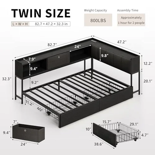Twin Corner Bed Frame with 2 Storage Drawers view 7