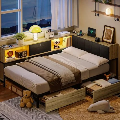 Twin Corner Bed Frame with 2 Storage Drawers
