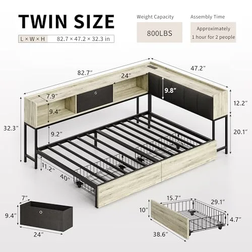 Twin Corner Bed Frame with 2 Storage Drawers view 2