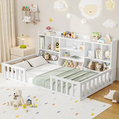 Twin Montessori Floor Bed for Kids with Bookcase