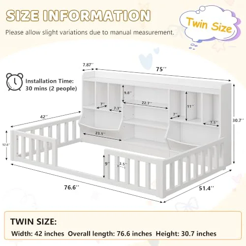 Twin Montessori Floor Bed for Kids with Bookcase view 2