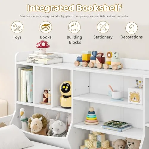 Twin Montessori Floor Bed for Kids with Bookcase view 3
