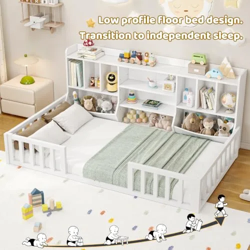 Twin Montessori Floor Bed for Kids with Bookcase view 4
