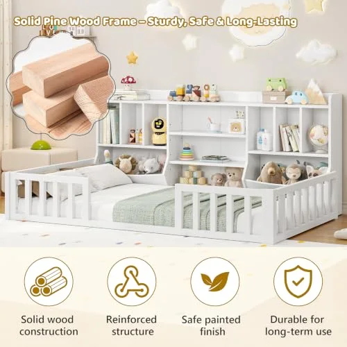 Twin Montessori Floor Bed for Kids with Bookcase view 5