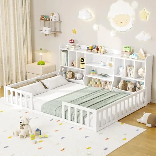 Full Size Floor Bed with Bookcase and Storage Shelves view 6