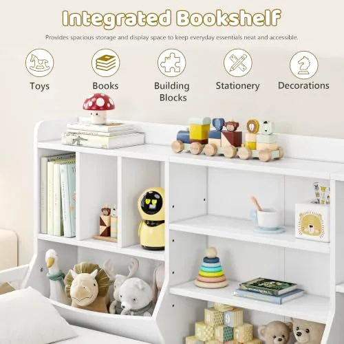 Full Size Floor Bed with Bookcase and Storage Shelves view 9